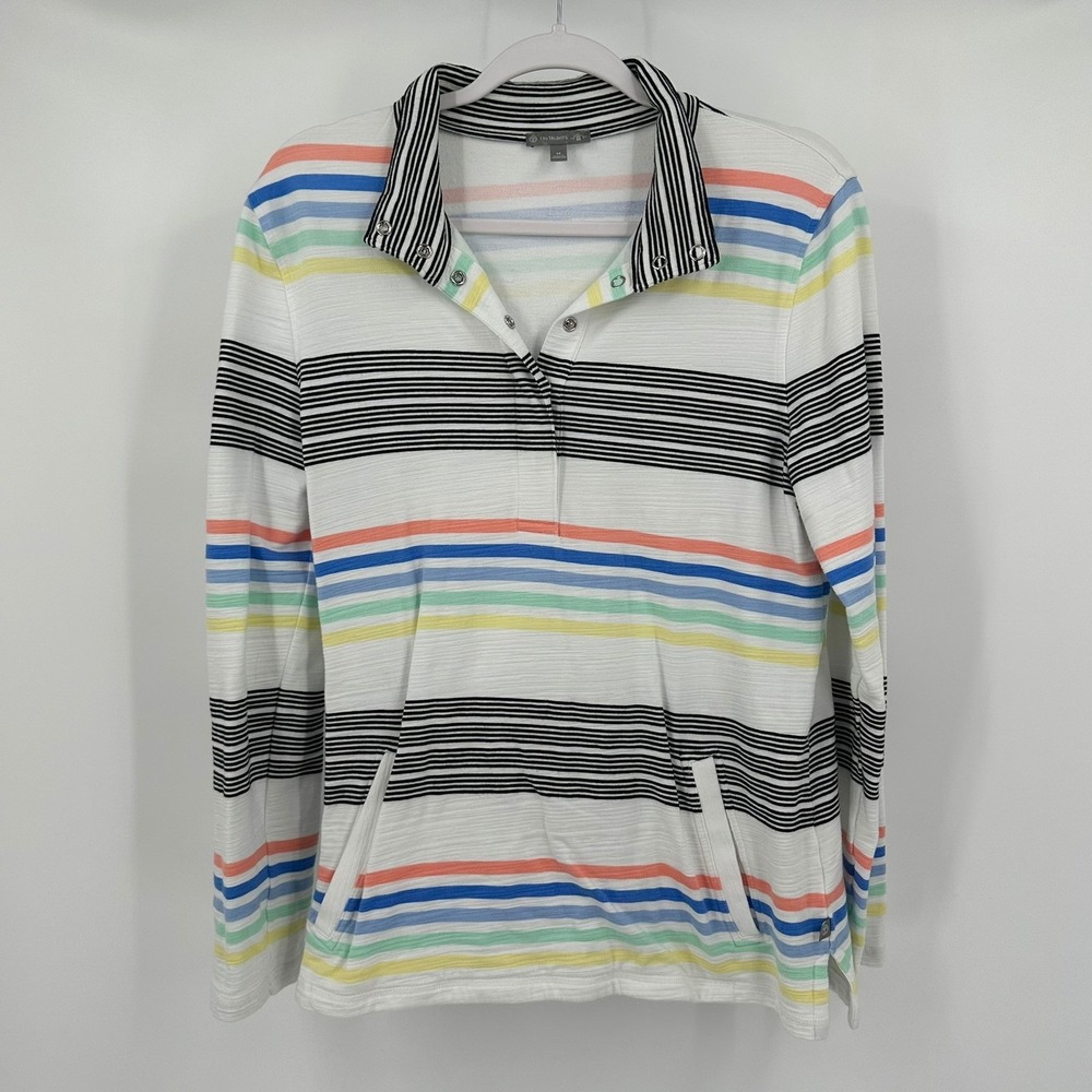 T by Talbots Womens Preppy Rainbow Stripe Top Size M UPF 50 Athleisure Colorful